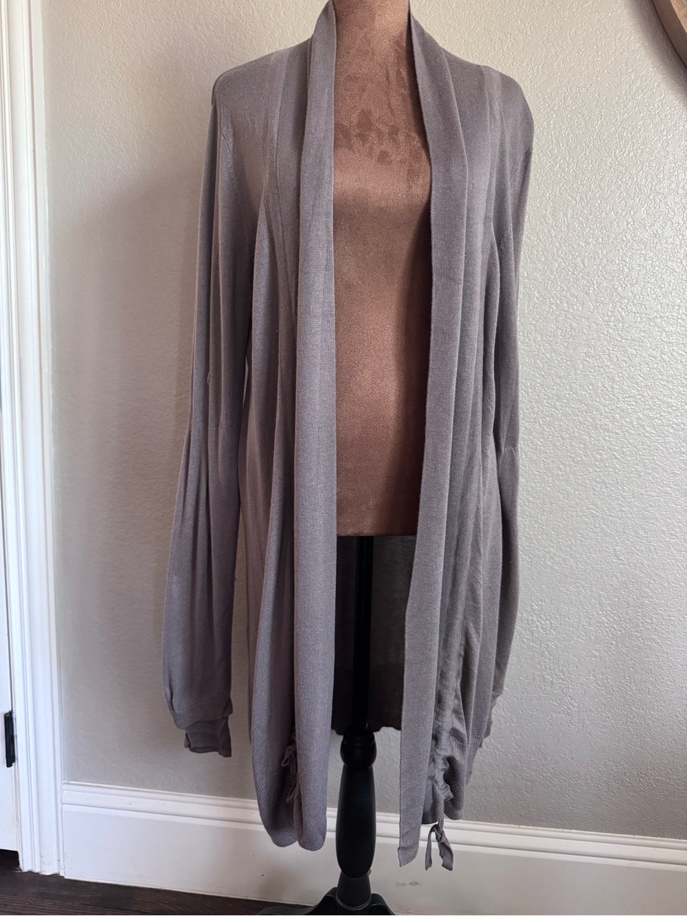 Gold Hawk Silk Cashmere Long Duster Cardigan L Taupe Ruching Double Layer Sleeve